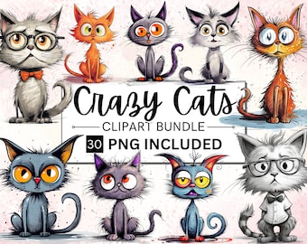 Aquarell Crazy Cats Clipart Bundle, schrulliges Kätzchen PNG (digitaler Download)