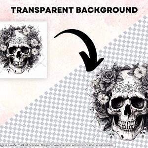 May include: A black and white illustration of a skull with a floral wreath. The skull has a detailed design on its forehead and is surrounded by roses and other flowers.
