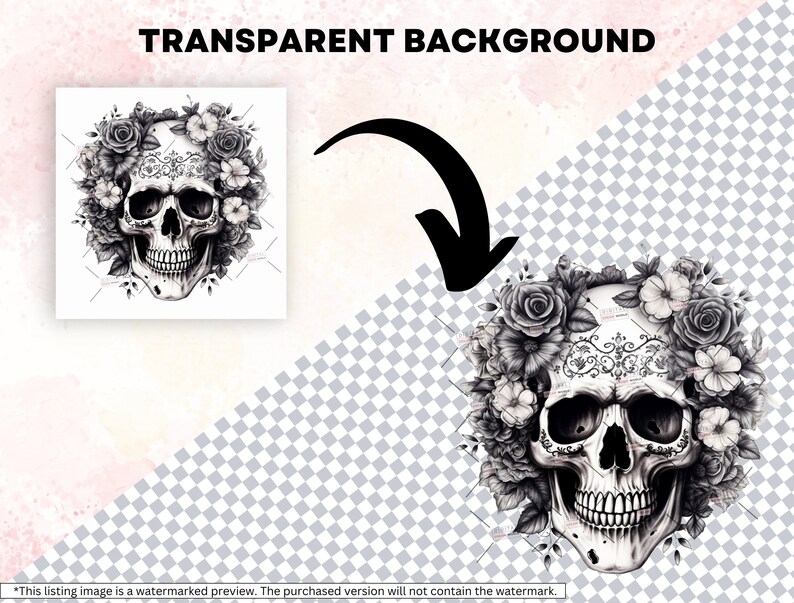 May include: A black and white illustration of a skull with a floral wreath. The skull has a detailed design on its forehead and is surrounded by roses and other flowers.