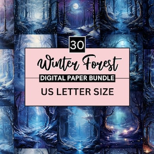 30 Printable Enchanted Winter Forest Digital Paper, Fantasy Background, Snow Forest Landscape Backdrop, Download Junk Journal, Scrapbooking