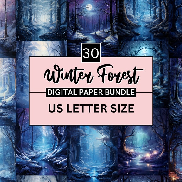 30 Printable Enchanted Winter Forest Digital Paper, Fantasy Background, Snow Forest Landscape Backdrop, Download Junk Journal, Scrapbooking