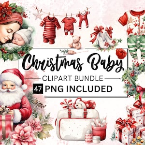 47 Aquarell Weihnachten Baby PNG Bundle, Weihnachten Baby Shower Clipart, Aquarell Winterferien PNG, Neugeborenen KindergartenPNG, Instant Download