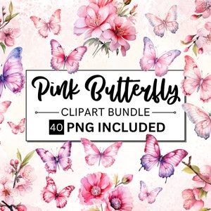 40 clipart de borboleta e flores rosa, borboleta fada rosa, clipart de primavera, clipart de jardim, borboletas de primavera, uso comercial digital PNG