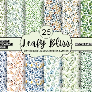 25 Seamless Watercolor Gentle Leaves Digital Papers, Greenery Pattern, Botanical Collage Paper, Greenery Junk Journal, Greenery Junk Journal