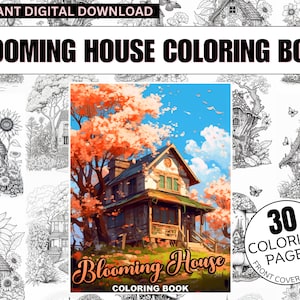 30 Blooming Fairy Homes Coloring Book, Adults kids Instant Download -Grayscale Coloring Book -Printable PDF, Flower Houses, Fairy Houses
