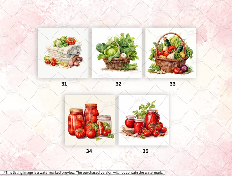 Może przedstawiać: Pięć akwarelowych ilustracji przedstawiających r&oacute;żne aranżacje czerwonych pomidor&oacute;w, zielonych liściastych warzyw i innych produkt&oacute;w. Ilustracje są ponumerowane od 31 do 35.