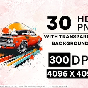 Puede incluir: Una ilustraci&oacute;n digital de un coche muscular vintage rojo con rayas negras, sobre un fondo abstracto colorido. La imagen est&aacute; etiquetada "30 HD PNG con fondo transparente 300 DPI 4096 X 4096".