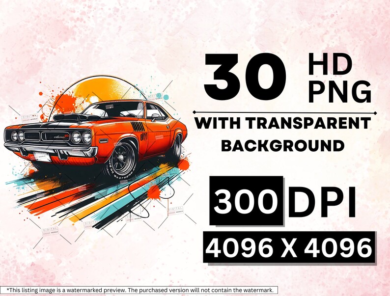 Puede incluir: Una ilustraci&oacute;n digital de un coche muscular vintage rojo con rayas negras, sobre un fondo abstracto colorido. La imagen est&aacute; etiquetada "30 HD PNG con fondo transparente 300 DPI 4096 X 4096".