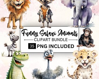 Watercolor Funny Safari Animals Clipart, Nursery Decor PNGs (35)