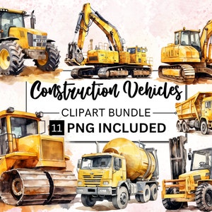 11 Watercolor Construction Vehicles Clipart, Bulldozer , Cement Truck , Excavator , Dump Truck , Construction Truck , PNG Digital Download