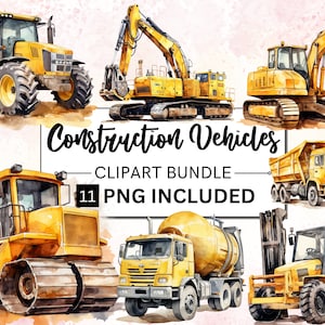 11 cliparts aquarelle véhicules de construction, bulldozer, camion de ciment, excavatrice, camion à benne basculante, camion de construction, téléchargement numérique PNG