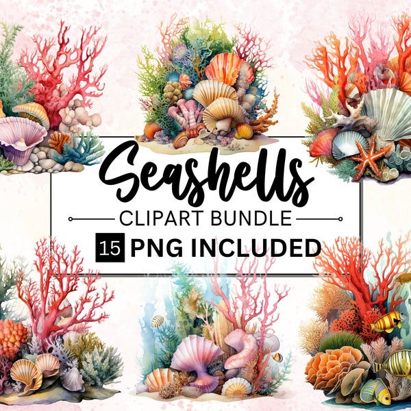 15 Watercolor Seashell Clipart, Coral Reef Seashells Clipart, Beach clipart, Nautical clipart bundle, Ocean clipart, Scrapbook, Seashell png