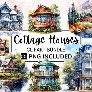 50 Watercolor House PNG Clipart Bundle, Cozy Modern House, Modern House Illustrations, Winter Houses PNG Instant Download for Commercial Use