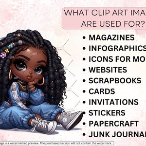 Puede incluir: Una ilustraci&oacute;n digital de una ni&ntilde;a de dibujos animados con largas trenzas negras, vestida con un atuendo de mezclilla azul y zapatillas blancas. El texto "WHAT CLIP ART IMAGES ARE USED FOR?" est&aacute; en la parte superior de la imagen. Una lista de usos para im&aacute;genes de clipart est&aacute; debajo de la ilustraci&oacute;n: Revistas, Infograf&iacute;as, Iconos para m&oacute;viles, Sitios web, &Aacute;lbumes de recortes, Tarjetas, Invitaciones, Pegatinas, Manualidades de papel, Diarios de chatarra.