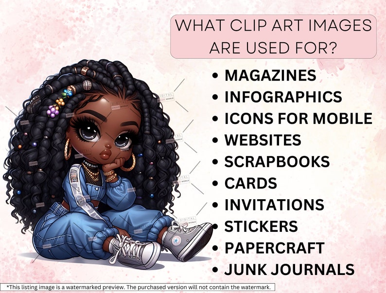 Puede incluir: Una ilustraci&oacute;n digital de una ni&ntilde;a de dibujos animados con largas trenzas negras, vestida con un atuendo de mezclilla azul y zapatillas blancas. El texto "WHAT CLIP ART IMAGES ARE USED FOR?" est&aacute; en la parte superior de la imagen. Una lista de usos para im&aacute;genes de clipart est&aacute; debajo de la ilustraci&oacute;n: Revistas, Infograf&iacute;as, Iconos para m&oacute;viles, Sitios web, &Aacute;lbumes de recortes, Tarjetas, Invitaciones, Pegatinas, Manualidades de papel, Diarios de chatarra.