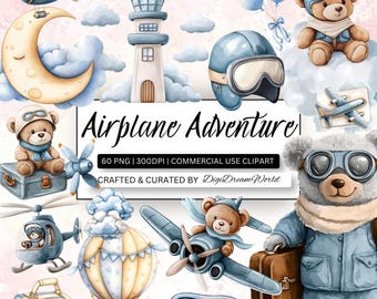 60 Airplane Clipart Bundle, Teddy Bear Pilot PNG, Aviation Clipart, Nursery Clipart, Baby Shower Clipart, Travel Clipart Commercial Use