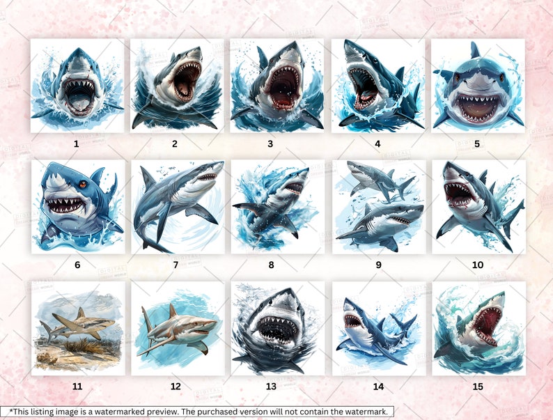 May include: A set of 15 digital illustrations featuring various shark designs. The sharks are depicted in different poses, some with open mouths, some with closed mouths, and some with their fins extended. The illustrations are in a watercolor style and feature a blue and white color scheme.