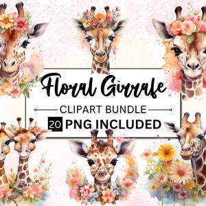 20 aquarel bloemengiraf, bloemengiraf clipart, kinderkamer kunst, digitale planner, kaarten maken, journaling, babyshower, digitale png
