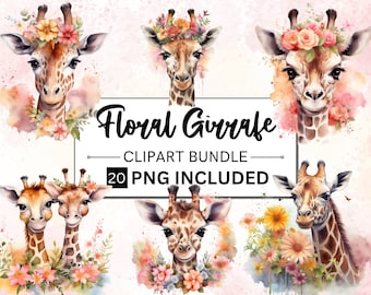 Imágenes prediseñadas de jirafas con flores en acuarela, arte para guardería (PNG digital)