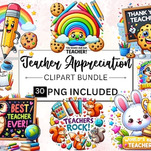 30 Pacchetto di clipart di apprezzamento per gli insegnanti dell'acquerello, Ritorno a scuola PNG, PNG dell'insegnante, Pacchetto di adesivi digitali per insegnanti, Uso commerciale digitale