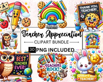 30 Teacher Appreciation Clipart Bundle, Thank You Teacher PNG, Best Teacher Ever Illustrations, Back to school Graphics, Teacher Sublimation