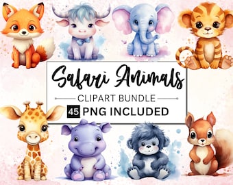 45 Watercolor Safari Animals PNG Bundle, Cute Baby Shower Nursery Decor, commercial use Digital Download for Scrapbooking Party Decorations