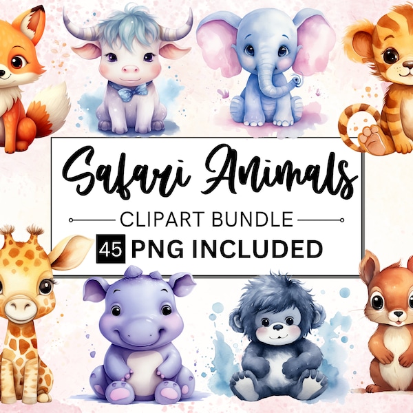 45 Watercolor Safari Animals PNG Bundle, Cute Baby Shower Nursery Decor, commercial use Digital Download for Scrapbooking Party Decorations