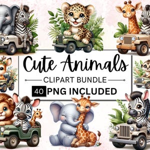 40 imágenes prediseñadas PNG de safari con acuarela, animales de la jungla para decoración de guardería, baby shower y cumpleaños, uso comercial digital instantáneo