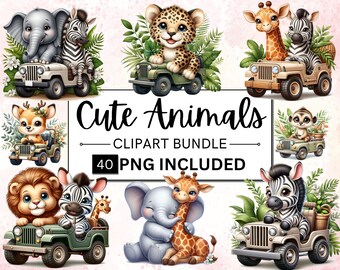 40 imágenes prediseñadas PNG de safari con acuarela, animales de la jungla para decoración de guardería, baby shower y cumpleaños, uso comercial digital instantáneo