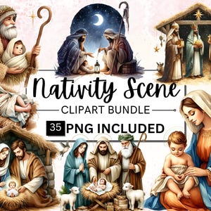 35 akwarelowych świątecznych szopek clipart, Jezus PNG, Jezus Boże Narodzenie clipart, tworzenie kartek scrapbooking, wykorzystanie komercyjne, PNG