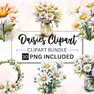 30 PNG aquarelle marguerites Clipart, Daisy PNG Clip Art Bundle, Clipart floral de printemps, impression Daisy téléchargement immédiat, Sublimation graphique Daisy