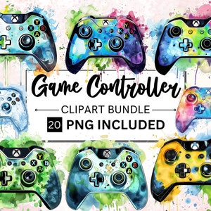 20 Clipart de controlador de jogo em aquarela, pacote de clipart de controlador de jogo moderno, criação de cartões, mídia mista, artesanato em papel digital, clipart de jogos