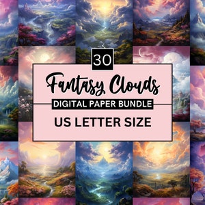 30 afdrukbare Fantasy Clouds digitaal papier, hemelachtergrond, bewolkte lucht landschapsachtergrond, download ongewenste dagboek, scrapbooking, magische wolk