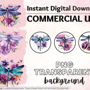 May include: Four digital clipart images of a blue dragonfly with purple and pink flowers. The images are on a white background with a pink watercolor background behind them. The text "Instant Digital Download" and "COMMERCIAL USE" is at the top of the image. The text "PNG TRANSPARENT background" is at the bottom of the image.