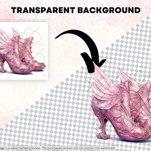 May include: A pair of pink high-heeled shoes with intricate detailing and delicate wings. The shoes are adorned with pearls and have a whimsical, fairy-like design.