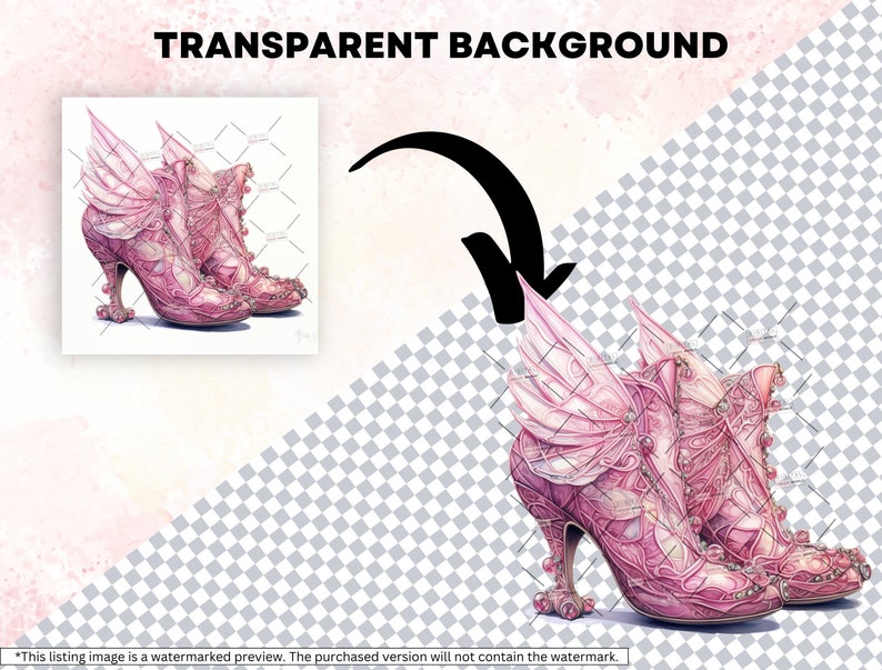 May include: A pair of pink high-heeled shoes with intricate detailing and delicate wings. The shoes are adorned with pearls and have a whimsical, fairy-like design.