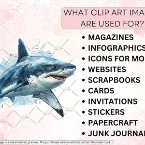 May include: A blue and white watercolor illustration of a shark with the text "WHAT CLIP ART IMAGES ARE USED FOR?" and a list of uses for clip art images, including magazines, infographics, icons for mobile, websites, scrapbooks, cards, invitations, stickers, papercraft, and junk journals.