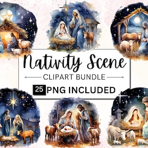 25 akwarelowych świątecznych szopek clipart, Jezus PNG, Jezus Boże Narodzenie clipart, tworzenie kartek scrapbooking, wykorzystanie komercyjne, PNG