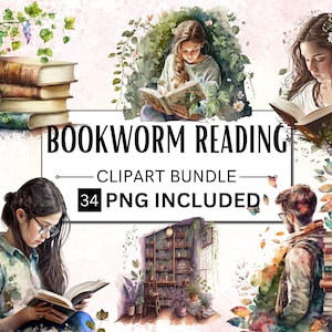34 PNG Watercolor Bookworm Life Clipart, Booklover Clip Art Bundle, Old Floral Books reading PNG clipart, library clipart, Vintage book