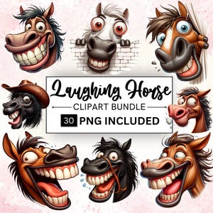 Paquete de 30 imágenes prediseñadas de caballos divertidos, imágenes PNG de caballos de granja, gráficos de sublimación de caballos extravagantes, imágenes PNG de animales de granja divertidos, descarga digital para uso comercial