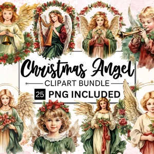 25 Watercolor Christmas Angel Clipart Bundle, Vintage Christmas Angel Clipart, Printable Digital File, Christmas Season PNG, Commercial Use
