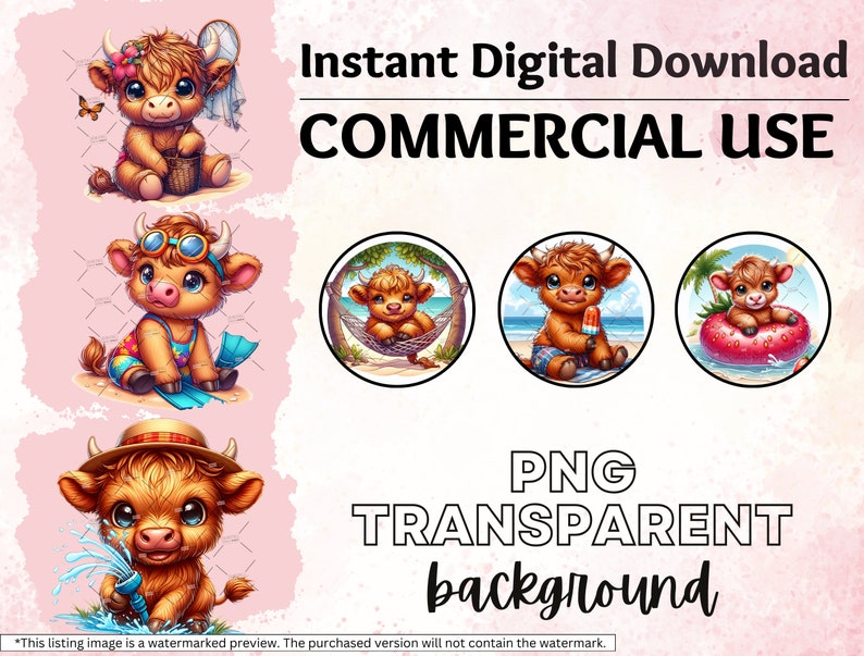Watercolor Summer Highland Cow Clipart, Beach Vibes PNG (35 Files) - Etsy