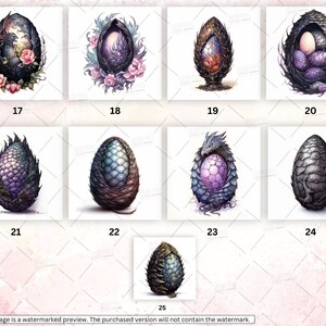 May include: A set of ten digital illustrations of dragon eggs in various colors and designs. The eggs are depicted in a realistic style with intricate details, including scales, cracks, and textures. Some eggs feature a baby dragon inside, while others are empty.