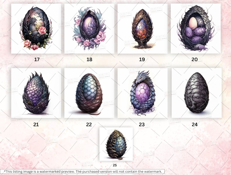 May include: A set of ten digital illustrations of dragon eggs in various colors and designs. The eggs are depicted in a realistic style with intricate details, including scales, cracks, and textures. Some eggs feature a baby dragon inside, while others are empty.