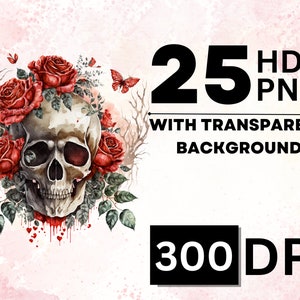May include: Watercolor illustration of a human skull with red roses and leaves. The skull is surrounded by red roses and leaves. The background is a watercolor wash of pink and white.
