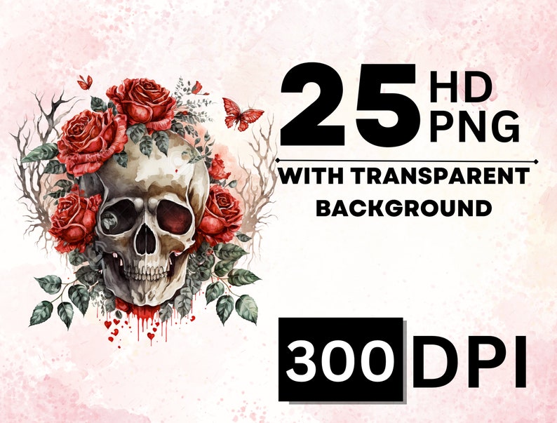 May include: Watercolor illustration of a human skull with red roses and leaves. The skull is surrounded by red roses and leaves. The background is a watercolor wash of pink and white.