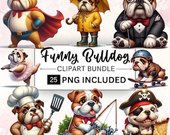 Paquete de 25 imágenes prediseñadas de bulldog, adorables gráficos de bulldog, imágenes prediseñadas de perros divertidos y lindos, imágenes prediseñadas de mascotas para hacer tú mismo, descarga digital instantánea, uso comercial