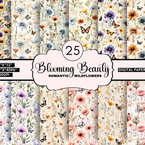 25 Watercolor Wildflowers Printable Paper Seamless Pattern, Shabby Chic Digital JPG Paper, Floral Junk Journal Scrapbook Butterflies Flower
