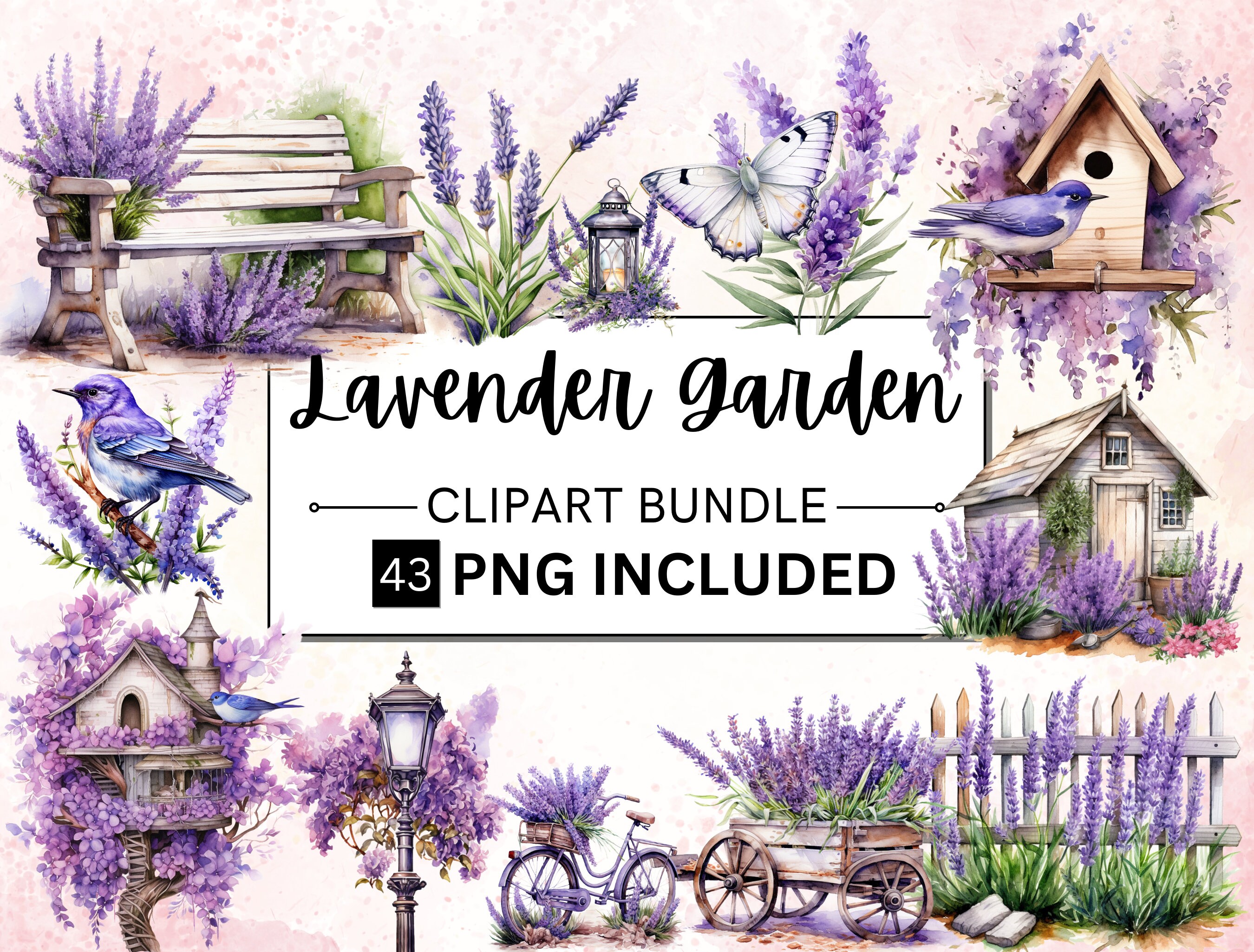 43 Watercolor Lavender Garden Clipart, Provence floral spring PNG, Watercolor Lavender Wreaths, Watercolor Spring Clipart, Botanical Clipart