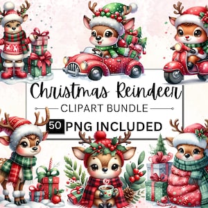 50 Christmas Cute Reindeer Clipart, Winter Holidays Baby Animals Clipart, Christmas Woodland Animal PNG, Watercolor Christmas Commercial Use